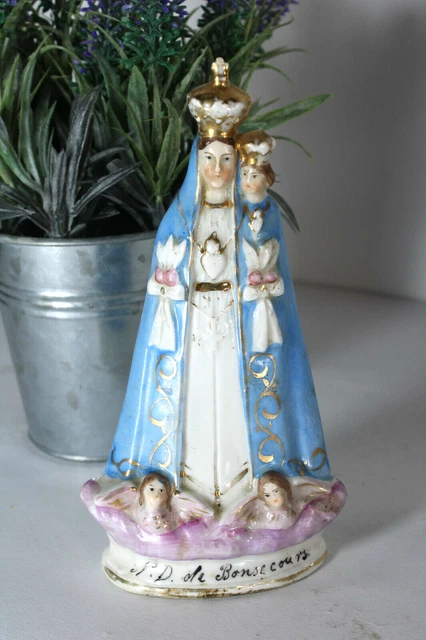 ANTIQUE FRENCH NOTRE dame de bonsecours madonna figurine statue angels ...