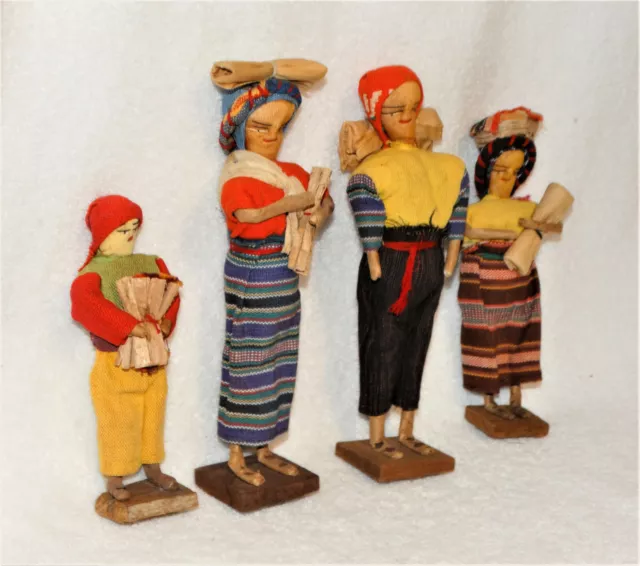 SALE--Lot of 4 Vintage Cloth-Guatemala Folk Art Souvenir Dolls-5 7/8” to 8 1/2"t 2