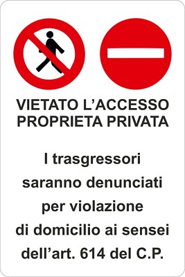 CARTELLO PROPRIETA' PRIVATA Divieto Di Sosta Alluminio Targa 20X30 Cm