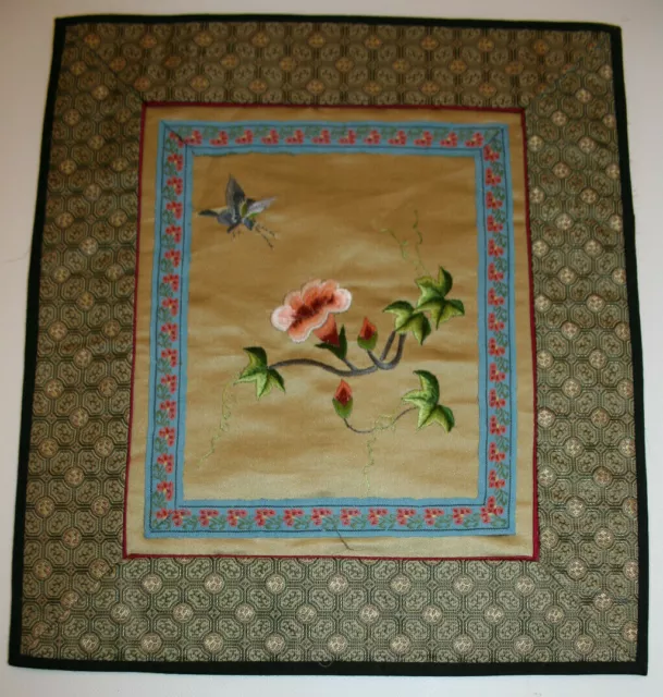 1970 NEW VTG Chinese Silk-Panel Blue Butterfly Gold QING-EMBROIDERY Wall-Hanging