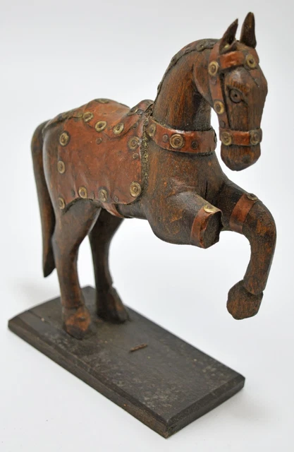 Figurine Ancienne Tête De Cheval En Bois - Sculpture Originale Faite Main - Inde