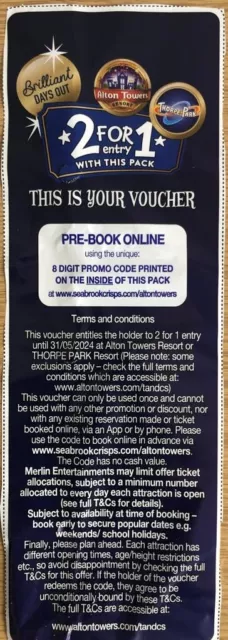 1 x 2 for 1 Entry Ticket - Alton Towers or Thorpe Park 05/2024 2 for 1