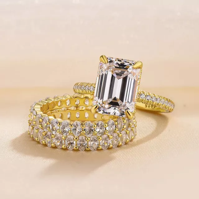 7.0Ct Emerald Cut Moissanite Vintage 3Pc Wedding Ring Set 14k Yellow Gold Plated