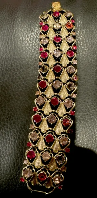 Vintage Pegasus Coro Pink and red Rhinestone & Gold Plated Wide Bracelet