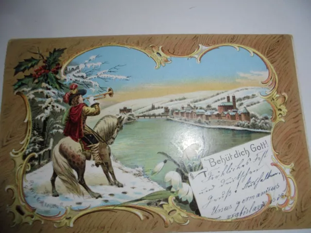 Postcard God protect you! Trumpeter v. Säck., horse. building, snow, river, flowers gel.98