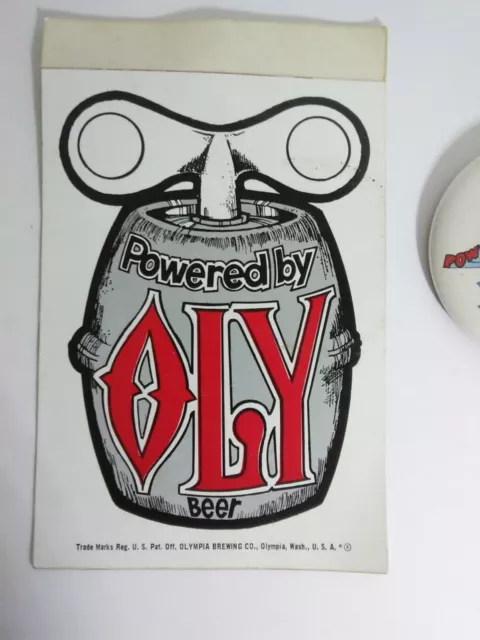 Powered By OLY Beer - Original Vintage 1960's 70's Decal/Sticker & Pin Button 2