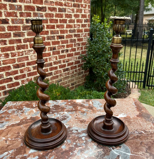 Antique English Barley Twist Candlesticks Candle Holders Oak PAIR 14" Tall