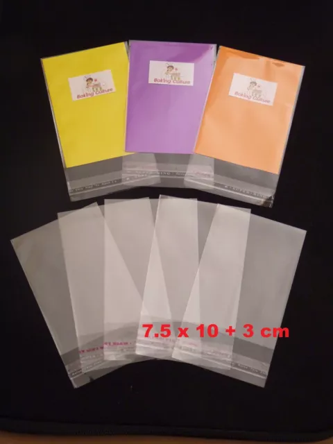 50 CELLOPHANE CELLO OPP CLEAR BAGS - SELF SEAL- 7.5cm x 10cm +3cm lip