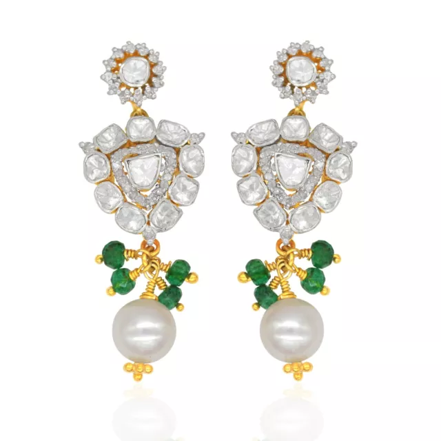 925 Sterling Silver 18k Gold Plated Natural Diamond Emerald Polki Pearl Earrings