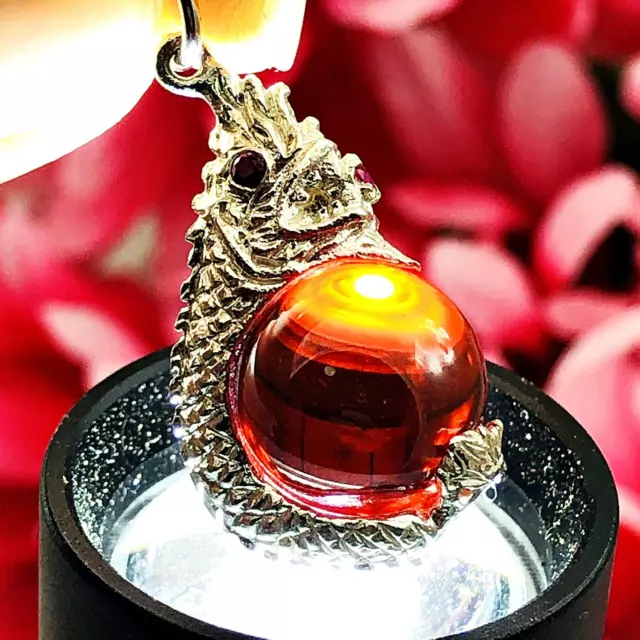 Naga Eye Red Leklai Ball Healing Crystal Pure Silver Pendant Thai Amulet #15389