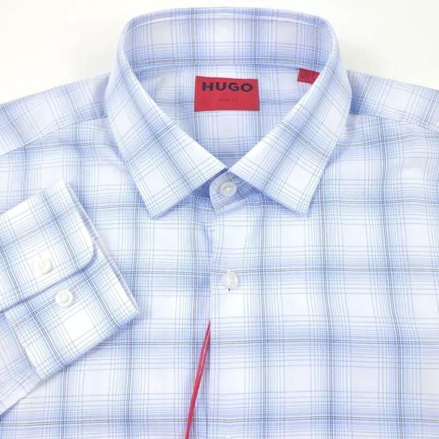 HUGO BOSS Mabel Blue White Grid Sharp Fit Dress Shirt Mens Size 15 - 32/33 Small
