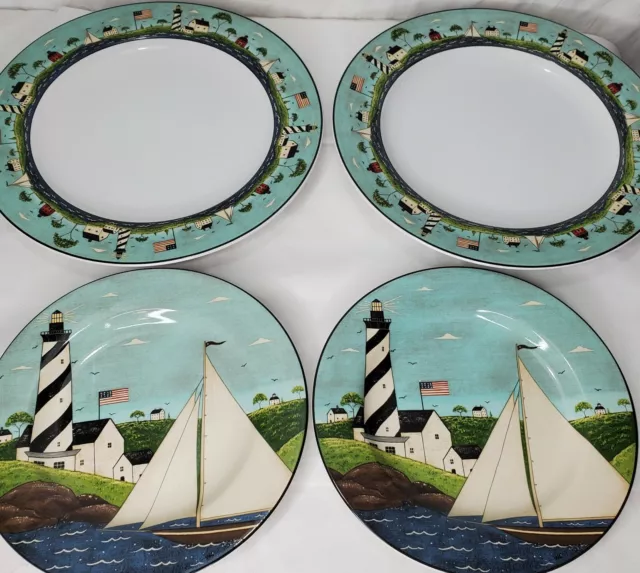 Vtg Warren Kimble Coastal Breeze Plates 2 Dinner 2 Salad Lighthouse Sailboat 98