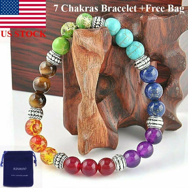 7 Chakra Healing Natural Stone Round Gemstone Yoga Energy Beads Bracelet Jewelry