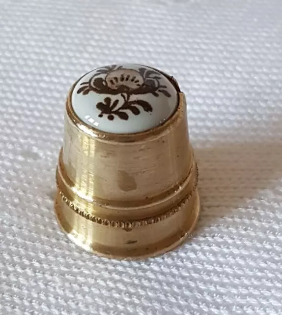 Thimble ~ Solid Brass Metal ~ Ceramic Top with Flowers Design ~ Vintage