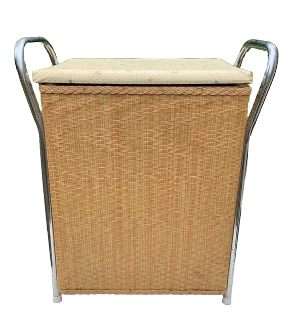 Vintage MCM Hamper Seat Chrome Handle Storage Wicker Laundry Basket