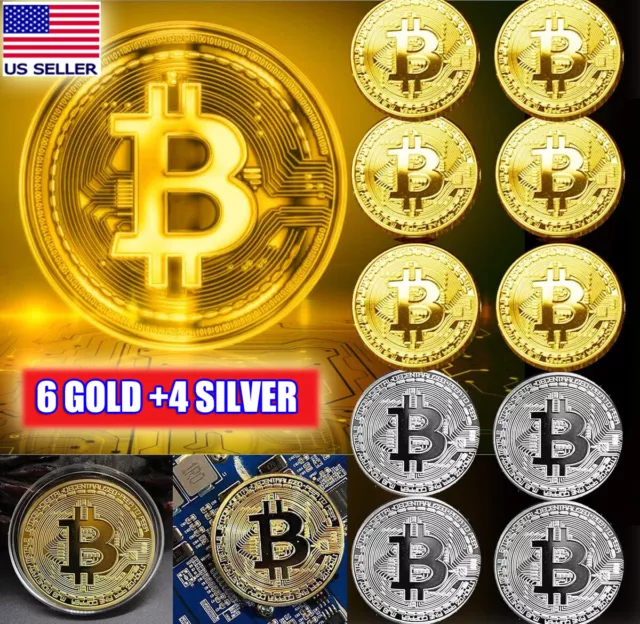 10 Pcs Gold & Silver Bitcoin Coins Commemorative Collectors Gold Plated Bit Coin