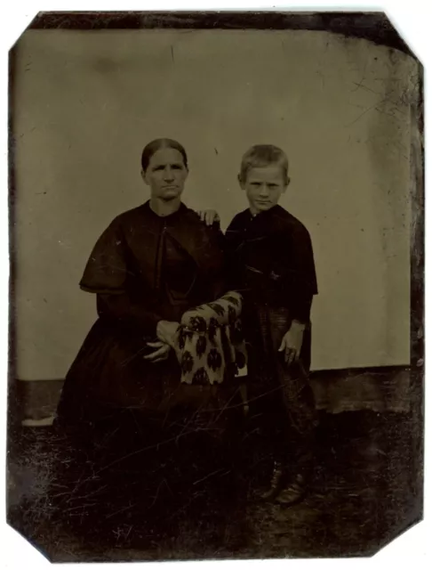 CIRCA 1860'S 1/6 Plate TINTYPE Beautiful Image of Mother and Affectionate Son