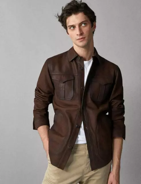 Mens Shirt Jacket Brown Real Soft Genuine Lambskin Washed Waxed Leather Shirt