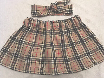 Baby Girls Beige Tartan Skirt & Matching Self Tie Headwrap 2 Piece Set