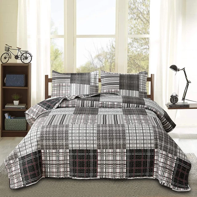 Bedspread Set Queen/Full Size Quilt Set Plaid Bed Spread Coverlet Black White Gr