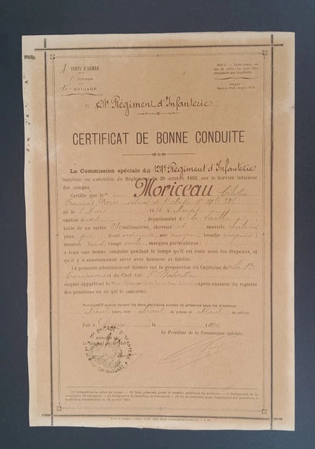 Certificat De Bonne Conduite Militaire - 8ème Régiment D'Infanterie Motorisé - France