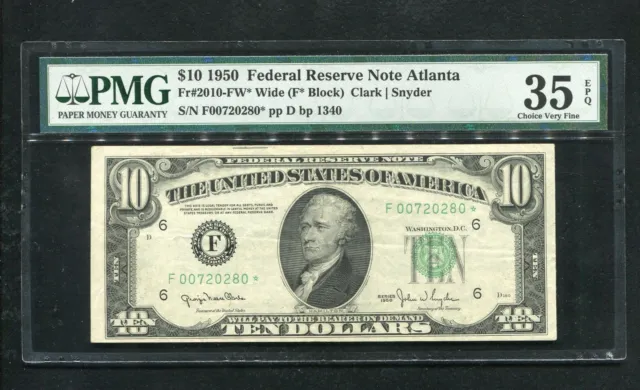 Fr. 2010-Fw* 1950 $10 *Star* Frn Federal Reserve Note Pmg Very Fine-35Epq Rare