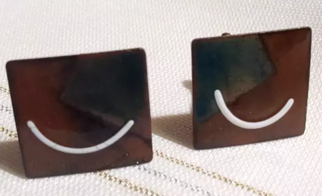 VTG Cufflinks Enamel Copper Artisan Modernist Abstract MCM Brown Square Smile