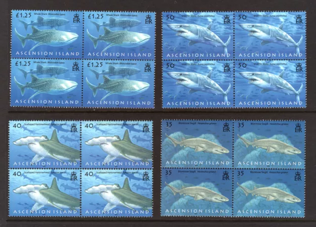 M22886 Ascension 2008 SG999/1002 QEII: Sharks in blocks of 4. UMM, Cat £35