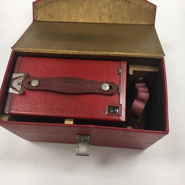 Vintage Red No 2 Brownie Box Camera With Strap, Case, And Paperwork