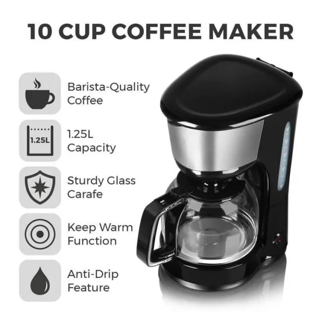 Tower T13001 10 Cup Coffee Maker with Keep Warm Function, 1.25L, 1000W, Black 3