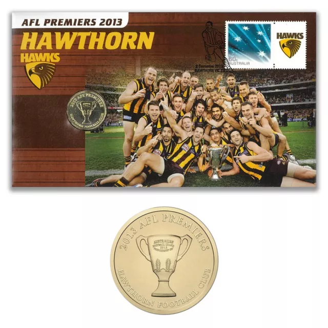 Australia 2013 AFL Premiers Hawthorn Hawks Stamp & $1 UNC Coin Cover - PNC