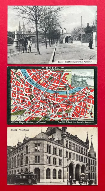 3 x AK BASEL Schweiz um 1910 Wettsteinbrücke und Münster, Stadtplan  ( 119654