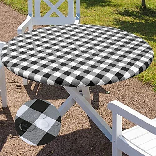 Round Table Cloth Cover, Elastic 36''-44'' Round Tight Fit Black and White