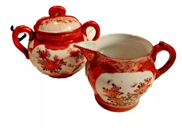 Hand Painted Cream Pitcher Creamer & Sugar w/ Lid Burnt Orange vintage Set