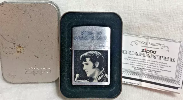 Chrome Elvis King of Rock"Zippo Lighter, YR 2000. Original Warranty and Tin Box