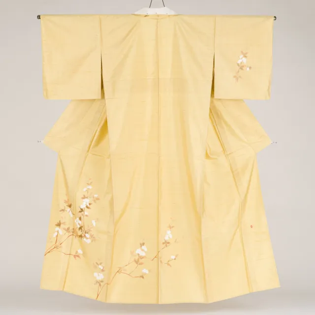 Japanese Silk Kimono Houmongi Gold Branch Flower Leaf Calm Design Yellow 61"