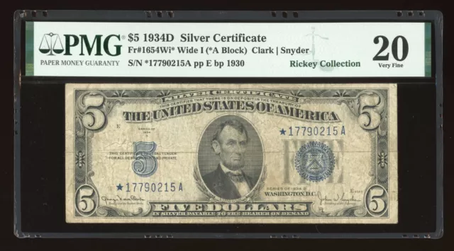 DBR 1934-D $5 Silver STAR Fr. 1654Wi* Wide I PMG VF-20 Serial *17790215A