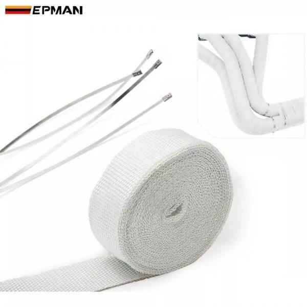 10m White Fibreglass Heat Wrap Shield for Exhaust Manifold Downpipe Bandage Roll