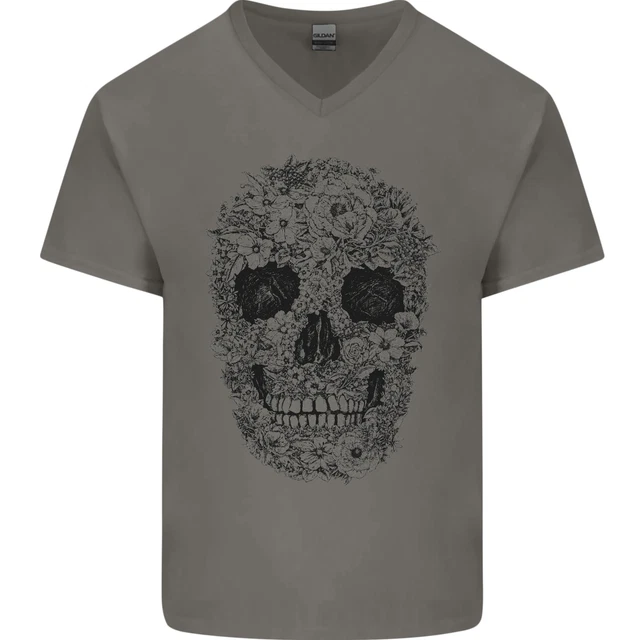 Un Teschio Fatto Di Fiori Gotico Rock Biker Uomo Scollo A V Cotone T-Shirt
