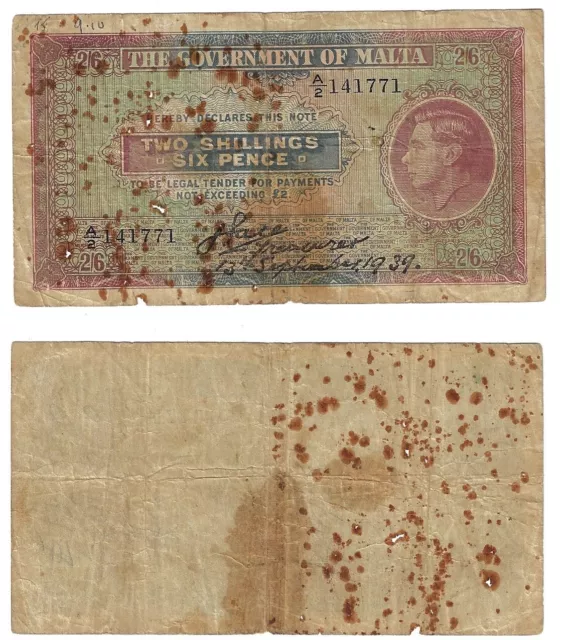 Shillings 6 Pence 1939 Malta Banknote #
