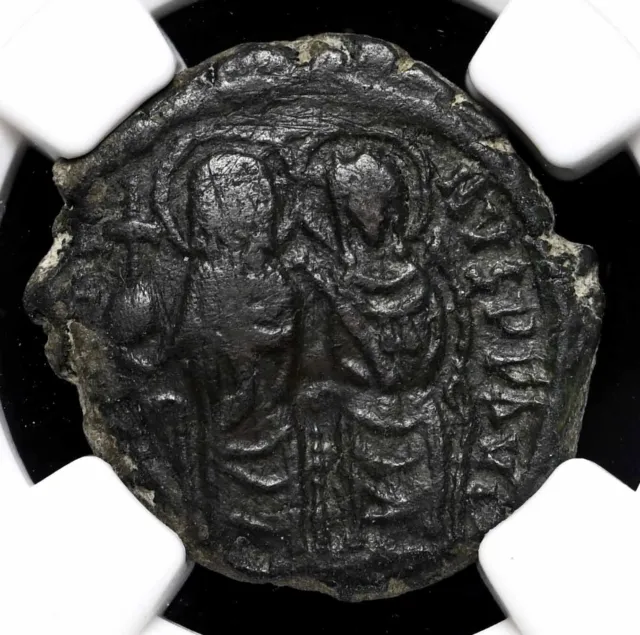 BYZANTINE. Justin II, with Sophia. 565-578. Æ Half Follis, NGC VF
