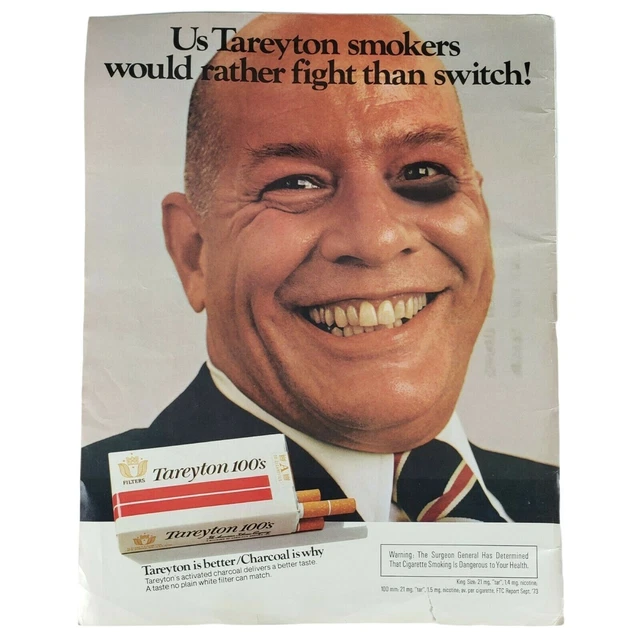 TAREYTON CIGARETTES TOBACCO 1974 Original Print Ad Black Eye Fight