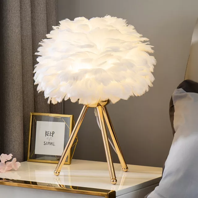 Elegant Fluffy White Feather Table Lamp Nightstand LED Lights Decor Night Light