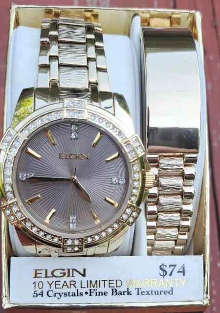 Elgin Men's Watch and Bracelet Set Gold Tone with 54 Crystals FG10009ST NIB