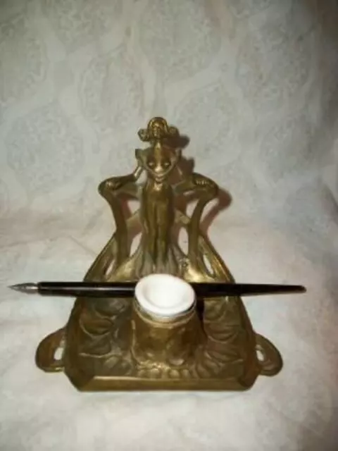 Antique Art Nouveau Bronze Inkwell Semi Nude Lady Bakelite Dip Pen Porcelain Pot
