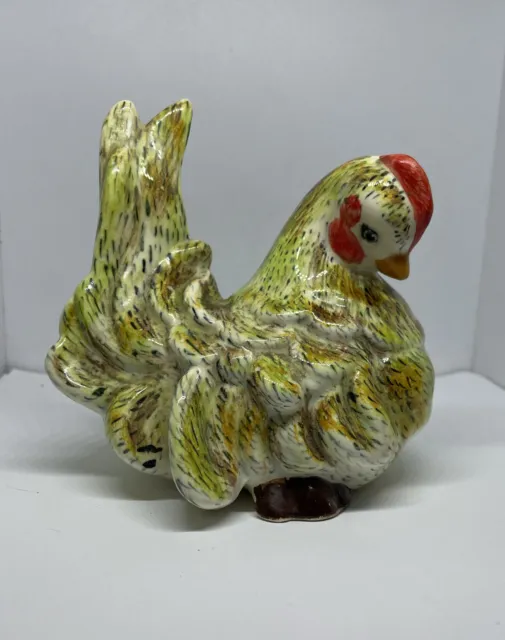 Vintage Chicken Hen Figurine Ceramic Drip Glaze Green, Yellow, Brown 4.75"x 4.5"