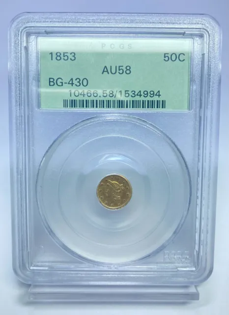 1853 G50c California Fractional Gold PCGS AU 58 BG-430