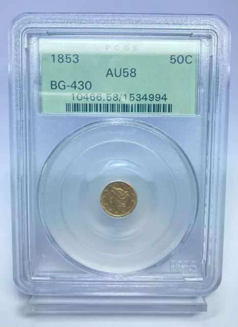 1853 G50c California Fractional Gold PCGS AU 58 BG-430