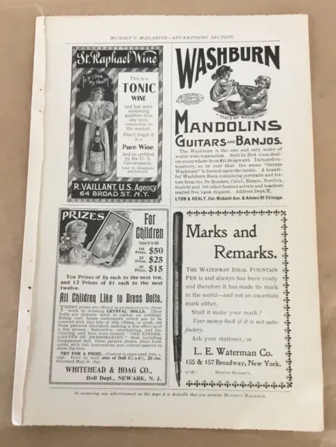 Washburn mandolins & guitars ad 1898 orignl vintage 1800s illus art Watermen pen
