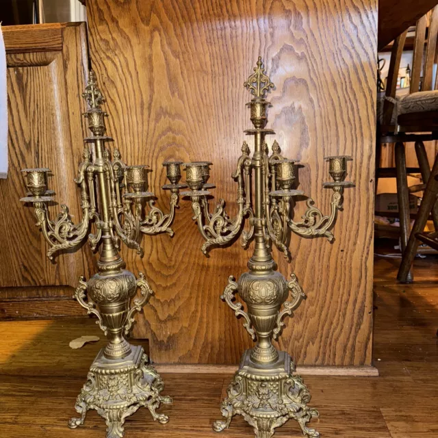 Vintage Brass Candelabra Brevettato Italian Baroque 5 Arm 26.5” Tall